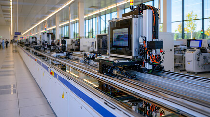 Fototapeta premium Bright pristine semiconductor clean room featuring multiple overhead wafer transport vehicles moving simultaneously along parallel ceiling tracks, sealed carriers traveling above rows of advanced fa