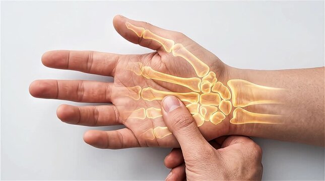 Close up of human hand with anatomical skeletal bone overlay showing wrist and palm structure during medical examination