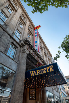 Hanover, Germany - July 1, 2026: Entrance marquee and neon sign of GOP Variet&eacute;-Theater at the historic Georgspalast on Georgstra&szlig;e.