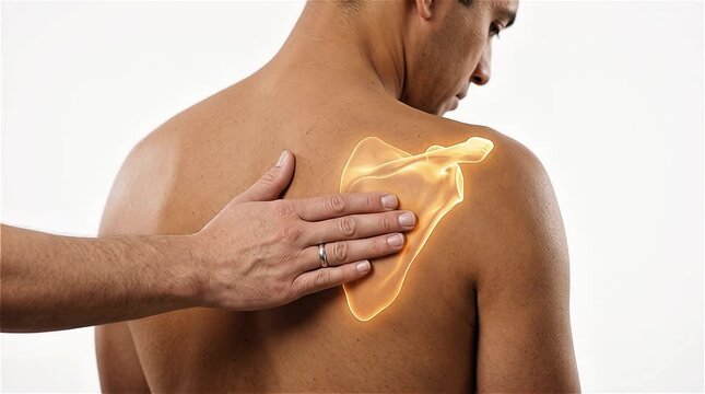 Physical therapist hand palpating the glowing highlighted scapula bone on a man's back for medical anatomy and shoulder pain diagnosis