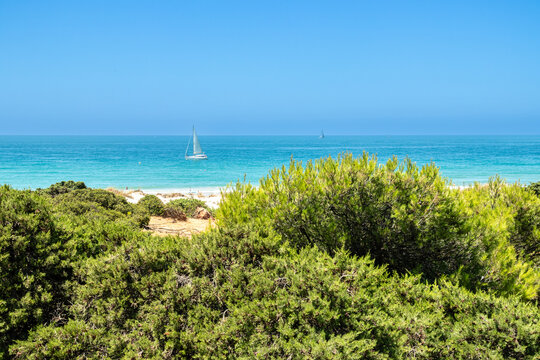 Sand dunes in front of La Barrosa beach in Sancti Petri, Chiclana de la Frontera, Cadiz, Spain