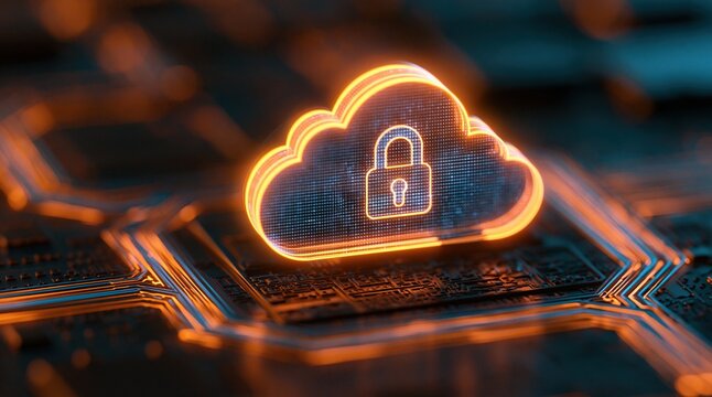 Cloud security concept with glowing orange icon and padlock on digital circuit board for data protection network