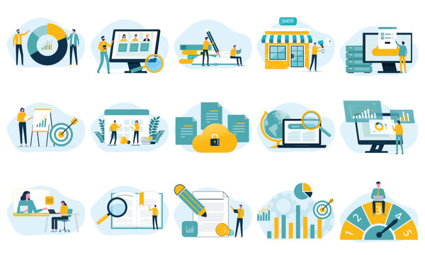 flat vector  Illustration Set with business people working active and Business and Technology Concept Analytics, E-commerce, Cybersecurity and Teamwork 

