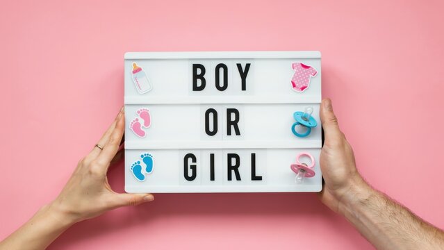 Hands holding boy or girl lightbox on pink background.