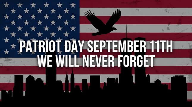 Patriot day september 11th memorial text on american flag background with cityscape silhouette remembering 9 11 for remembrance events and national ... 
