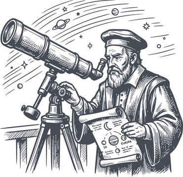 vector illustration of galileo galilei observing the universe with a telescope and scroll, featuring dark navy fill style, graphic drawing lines, and no white fills