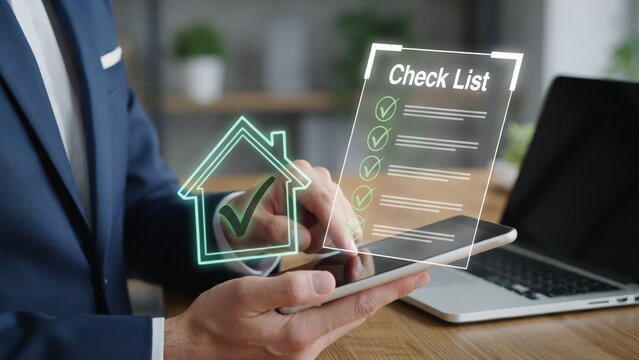 Businessman using digital tablet for home inspection checklist and real estate property management
