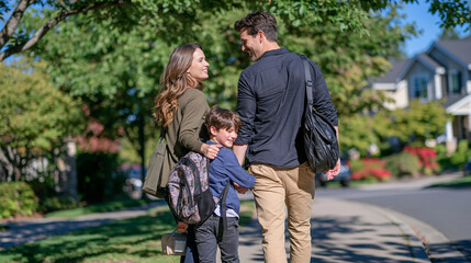 Fototapeta premium Rear view of a parent walking between two school age children along a leafy sidewalk, each child carrying a different colorful backpack, tall trees casting dappled shade across the pavement, bright 