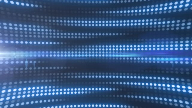 Blue LED light tunnel with glowing dot rows and lens flare, forming a clean futuristic technology background with depth and motion.