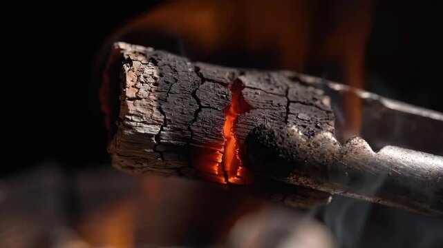 Metallic Tongs Holding Burning Glowing Charcoal Piece Above Grill Ember