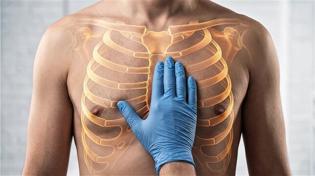 Medical professional in blue glove examining a man's chest with a 3D anatomical skeletal overlay showing the human rib cage and sternum.