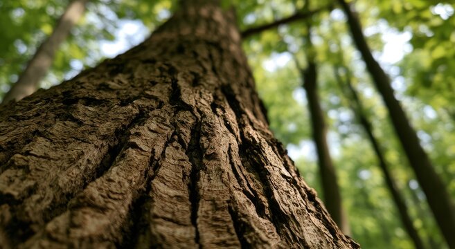 Close-up of textured tree bark ascending into a canopy of green leaves