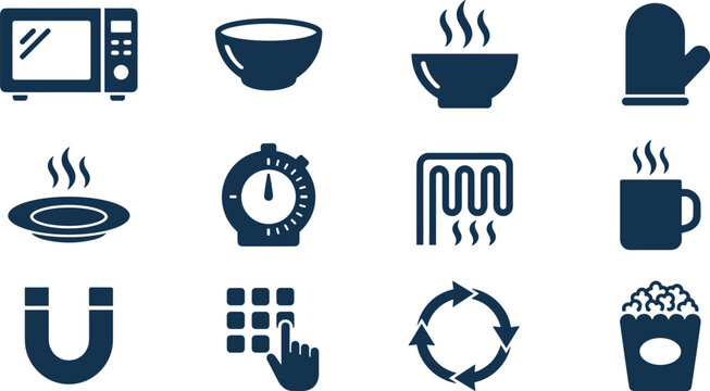 Set of microwave oven and kitchen cooking icons