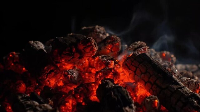 Glowing Red Charcoal Embers Burning in Charcoal Grill Close Up