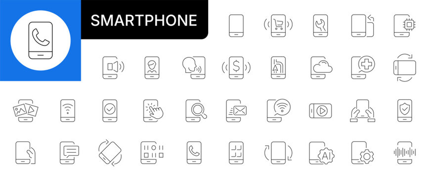 Smartphone linear vector icon set. Mobile phone features, technology, app, calls, online shopping, navigation, cloud storage, security, and artificial intelligence line symbols.
