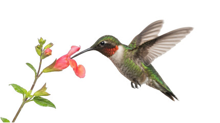 Fototapeta premium Ruby-throated hummingbird hovering in mid-air near a red flower isolated on transparent background