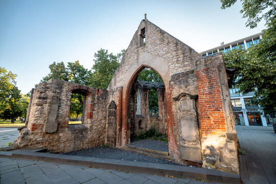 Hanover, Germany - July 2, 2026: Medieval stone and brick ruins of the Nikolaikapelle, the remains of a historic chapel in Hanover city centre.