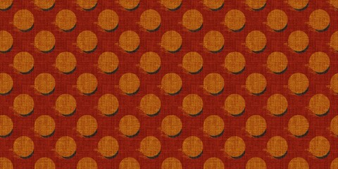 Repeating pattern of textured burnt-orange circles with dark shadows on a rich terracotta red fabric background. Seamless design. © Dunzz