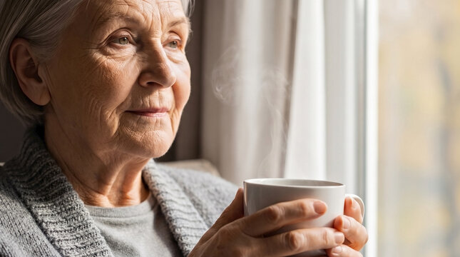 Pensive elderly woman tea moment, holding steaming mug while looking thoughtfully out bright window. Elderly woman tea habit promotes relaxation and mindfulness in quiet home environment.