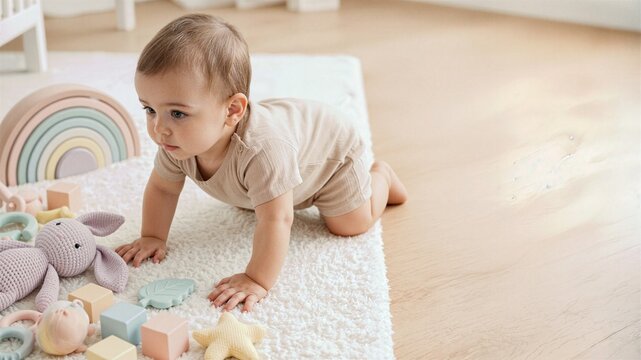 Baby Crawling on Rug With Pastel Toys Nearby