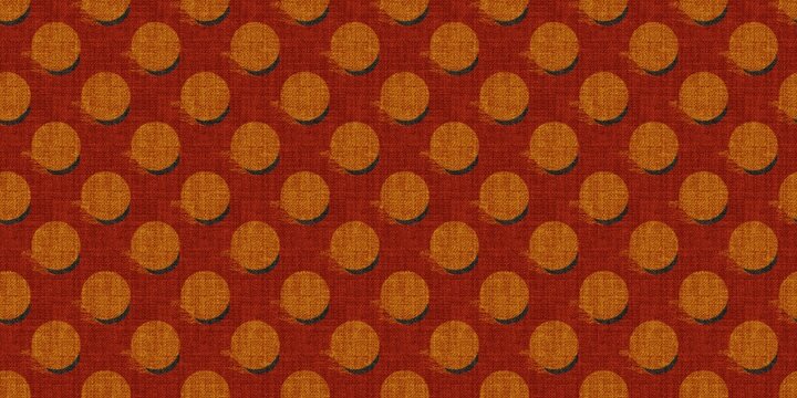 Repeating pattern of textured burnt-orange circles with dark shadows on a rich terracotta red fabric background. Seamless design.