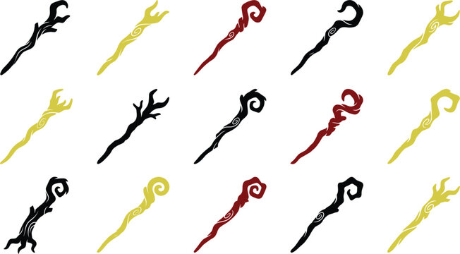 Fantasy magic staff icons, 15 wizard wand vector set, mystical druid wooden sticks, rpg game asset collection