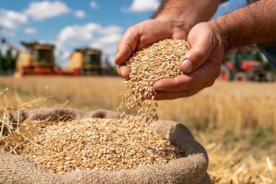 Wheat farmer hands pouring golden grain harvest into a burlap sack in a sunny agriculture field with farm machinery