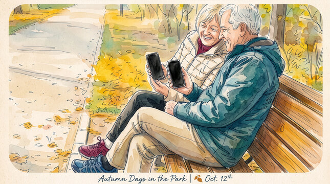 Healthcare 221b Watercolor Illustration of Senior Couple Holding Smartphones on Park Bench with Frame and Text（フレームと英字テキスト付きの公園のベンチでスマホを掲げるシニア夫婦の水彩イラスト）