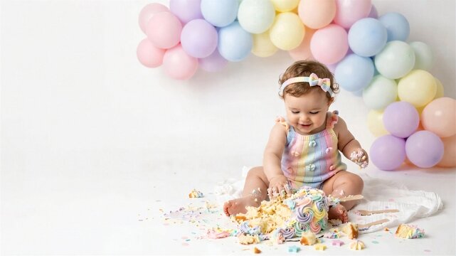 Baby Girl Celebrating First Birthday With Balloons
