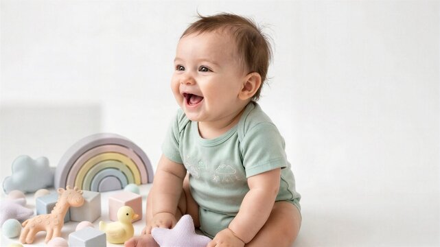 Laughing Baby Sitting With Rainbow Toy and Blocks