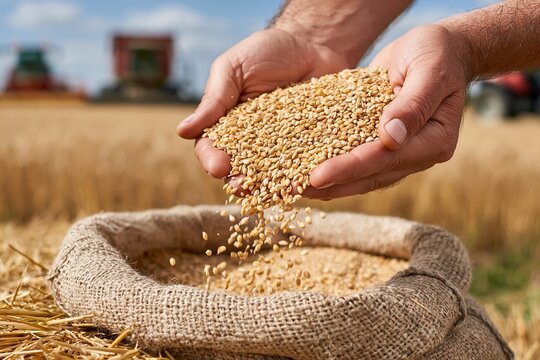 Wheat grain harvest by farmer hands pouring organic cereal crop into a burlap sack on a sunny agriculture field