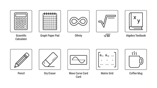 Mathematics and Stationery Icons: A collection of simple line-art icons depicting essential tools for mathematical study and general stationery use.