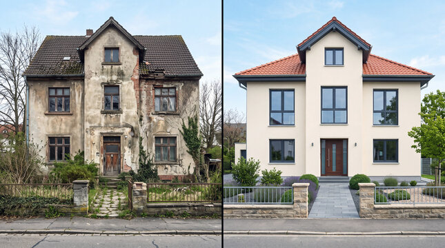 Before and after house renovation showing old and modern exterior