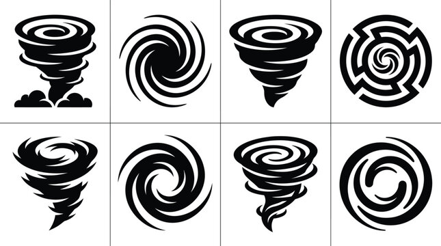  Set of Swirling Vortex Silhouettes &ndash; Tornado Spiral Whirlpool Vector Bundle, Black Cutout Cosmic Icons, Isolated on White