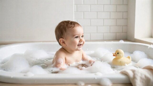 Smiling Baby in Bubble Bath With Rubber Duck