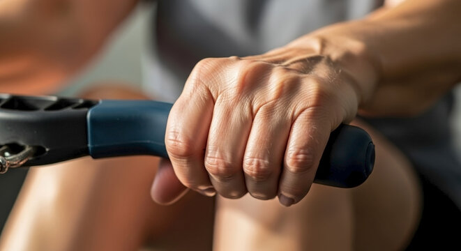 Close up of senior hands gripping exercise equipment handle, demonstrating strength and focus during physical activity. Strong senior hands engage in active training