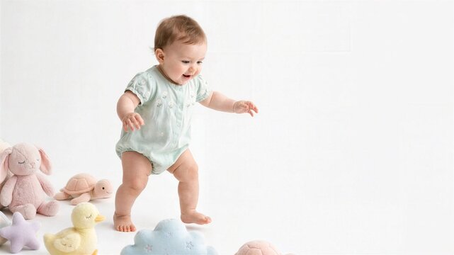 Toddler Standing Beside Soft Toys on White Background