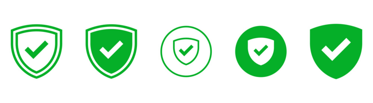 verified checkmark icon set with shield and circle badges. Shield check mark protection icon, ideal for security, protection, verification, safety, trust, and approval icons
