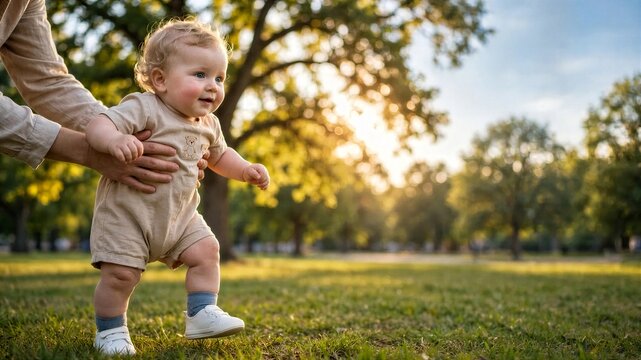 Toddler Taking First Steps Outdoors With Parent Support