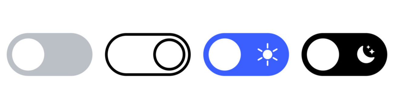 toggle switch icon set for light and dark mode user interface controls with sun and moon symbols, featuring outline, Dark/light mode toggle switch icons for web and app design.