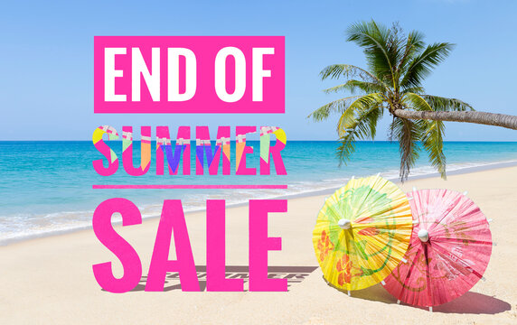 End of summer sale banner on tropical beach with colourful umbrella, summer season promotion poster idea
