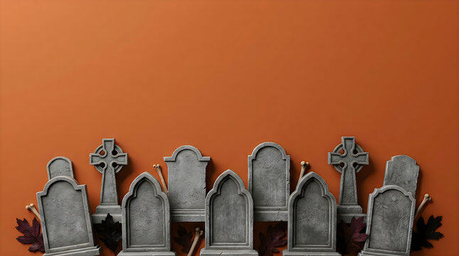 Festive halloween 3d graveyard background design featuring miniature tombstones arranged against a solid burnt orange backdrop