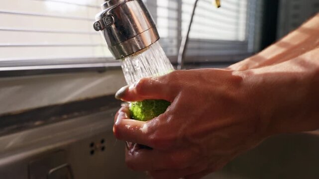 Female Hands Wash Fresh Green Avocado beneath Flowing Water in Slow Motion, Healthy Food Preparation and Kitchen Hygiene