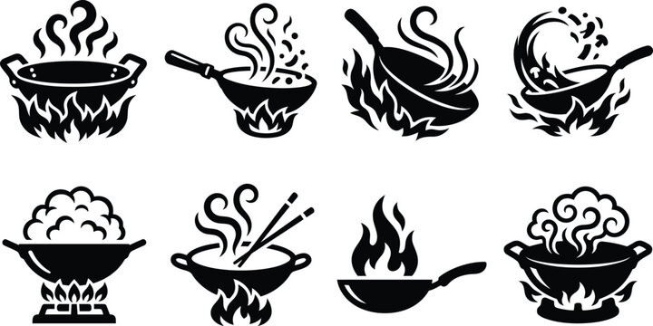Set of Wok Pan Silhouettes &ndash; Flaming Asian Cooking Frypan Vector Bundle, Black Cutout Kitchen Icons, Isolated on White