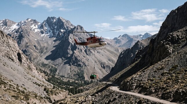 Helicopter transports cargo over rugged mountain terrain with snow capped peaks and winding dirt road below