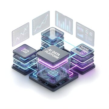 Isometric 3D artificial intelligence platform showing data lake and model training nodes with neon digital network connections on white.