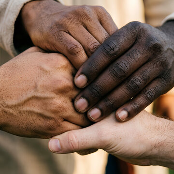 Diverse hands clasped together symbol of unity friendship and diversity