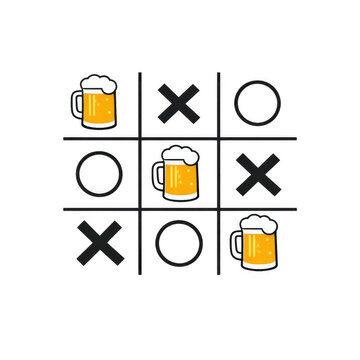 Tic tac toe game with beer mugs instead of noughts on transparent background. Fun drinking game concept for pub party and oktoberfest celebration. Cartoon clipart illustration isolated