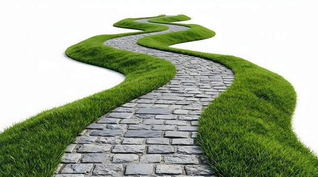 Winding cobblestone path bordered by green grass isolated on white background with stone walkway
