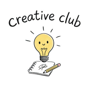 Creative club text with cute smiling light bulb over notebook and pencil on transparent background. Hand drawn doodle illustration about idea, inspiration and creativity for workshop, blog and